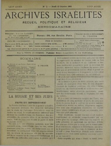 Archives israélites de France. vol.66 N°02 (12 janv. 1905)